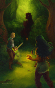 Demon Hunter - illustration The image is a book cover for an upcoming fantasy novella by Daina Rustin. It depicts two main characters facing off a monster in a forest. The main characters - Gray and Adrien - are turned away from us, and facing the monster hidden in the bushes. Gray is a slightly darker skinned mage, with long straight black hair, wearing a light green tunic and brown pants. She's placed in the foreground to the right. She wears a wide belt around her waist, and has one shoulder bag and one smaller bag visible hanging around her waist. She is preparing a fireball in her left hand. Adrien is a knight, and he's placed towards the left of the image. He's pointing his sword at the monster. He's wearing the Ravensguard blue tunic over a chainmail shirt, and brown pants. The monster is in the middle background, it's tall, standing on back legs, black with reddish highlights, red eyes, big beak, and two very long claws in front.