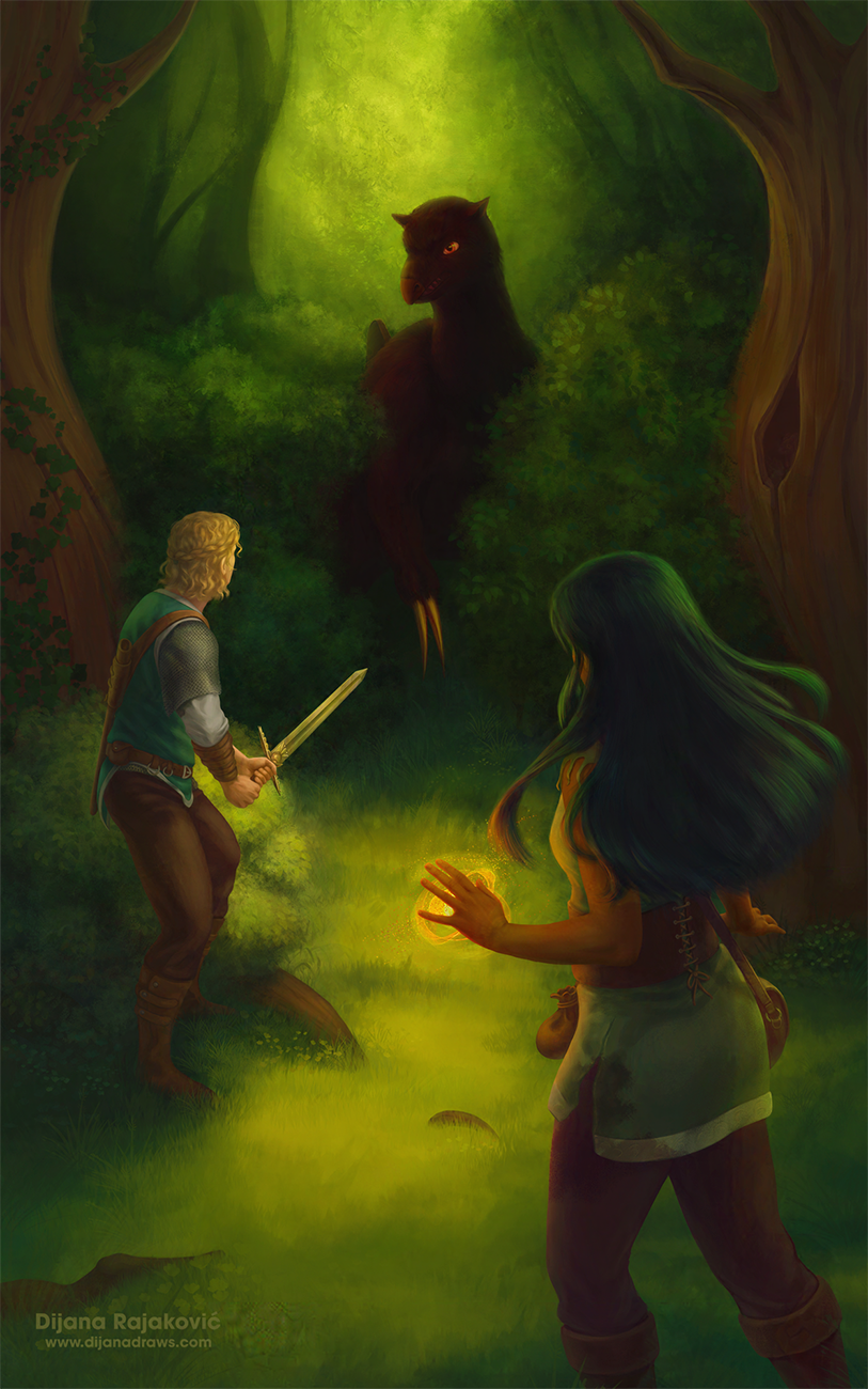 Demon Hunter - illustration The image is a book cover for an upcoming fantasy novella by Daina Rustin. It depicts two main characters facing off a monster in a forest. The main characters - Gray and Adrien - are turned away from us, and facing the monster hidden in the bushes. Gray is a slightly darker skinned mage, with long straight black hair, wearing a light green tunic and brown pants. She's placed in the foreground to the right. She wears a wide belt around her waist, and has one shoulder bag and one smaller bag visible hanging around her waist. She is preparing a fireball in her left hand. Adrien is a knight, and he's placed towards the left of the image. He's pointing his sword at the monster. He's wearing the Ravensguard blue tunic over a chainmail shirt, and brown pants. The monster is in the middle background, it's tall, standing on back legs, black with reddish highlights, red eyes, big beak, and two very long claws in front.