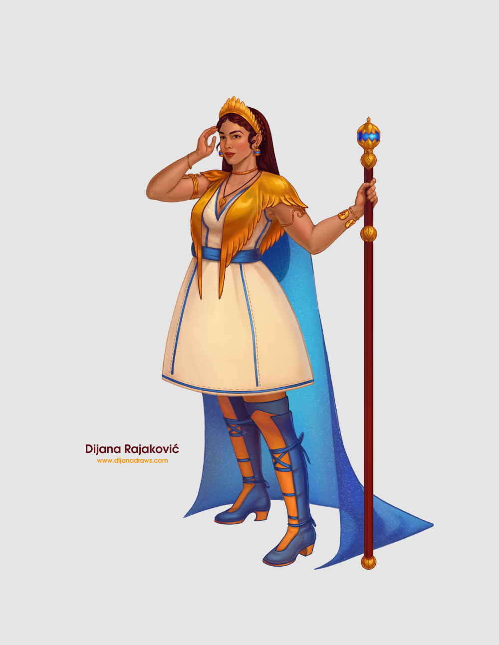 05_dijana rajakovic_aurelia character The image shows a stylized character illustration of the main character of Sky Across - Aurelia - on a white background. The character is a female, standing while leaning on a tall regal staff, while dressed in a "ceremonial" outfit for her setting. She’s wearing a stiff pale cream dress with blue decorative linings around the edges, and a v-neck cut, a gold feathery shawl draped over her shoulders, and she has thigh-high blue and orange leather boots with a small heel. She’s wearing gold jewelry, her earrings feature the same blue gemstone as her staff, while the leaf motif repeats between the bits of staff and her necklace pendant. She’s wearing a gold feathery tiara that matches her scarf. Her hair is long and dark red/purple, with a braid coiled around her head behind the tiara.