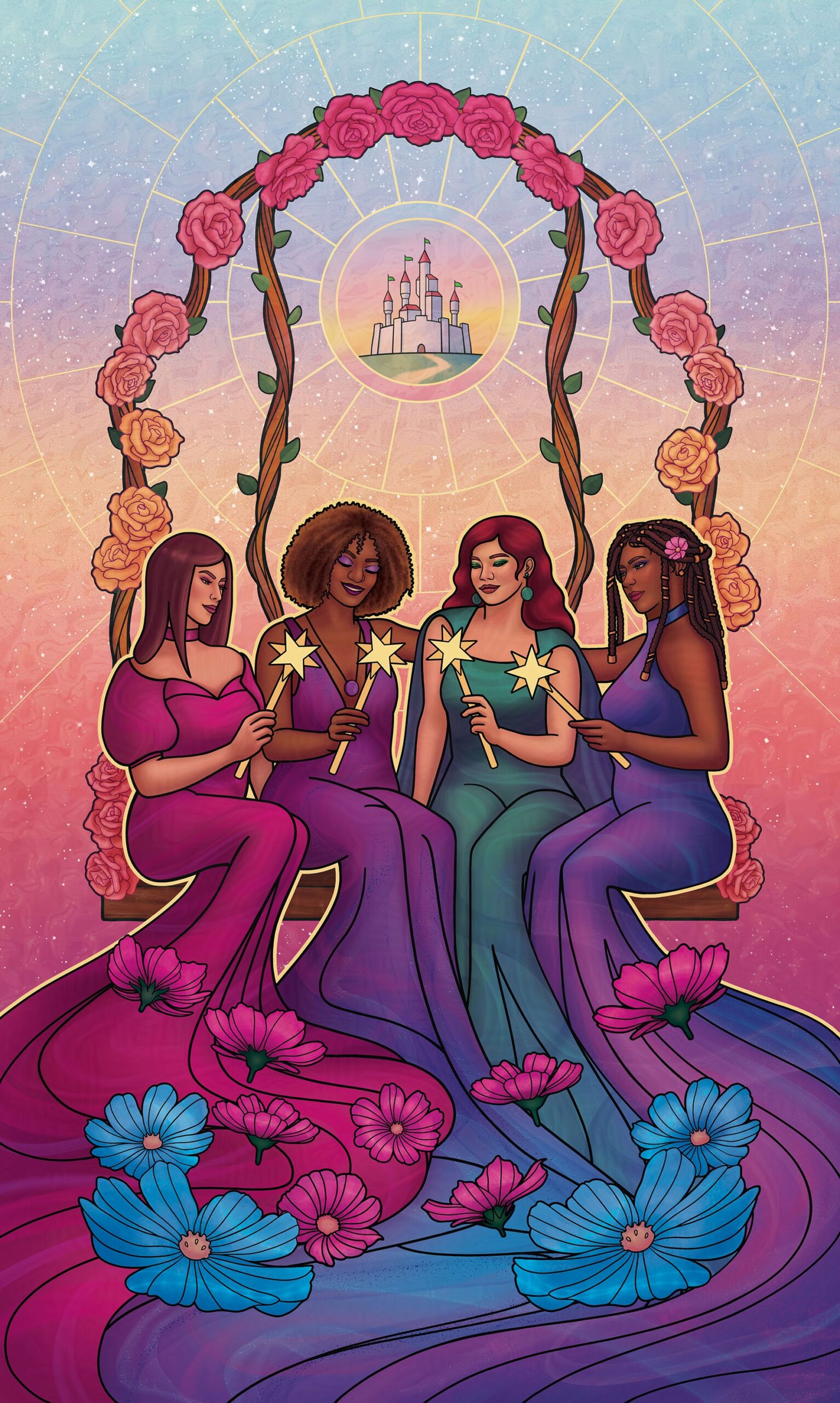 Four of Wands - Radiant Fates - Stained Glass Tarot project The illustration depicts the Four of Wands tarot card. The card carries the meanings of family, celebration, home, belonging, etc. The themes of the card are depicted by 4 women sitting on a swing bench together, each holding their own wand pointing upwards. The swing has 4 branches going upwards, arching and connecting in the center, creating a frame around the women and a rosette-style window depicting a castle. The background is a glassy texture with a soft gradient incorporating blues, purples, yellows, oranges and pinks, with a yellow graphical element extending from the castle frame, and stars. The foreground is covered in more flowers in pinks and blues. The image is stylized, with heavy black linework, referencing a stained glass look in theme with the project.