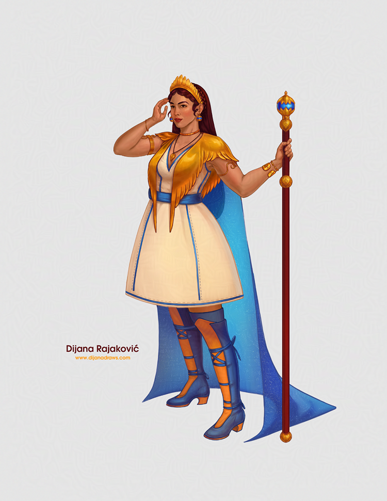Aurelia - character illustration The image shows a stylized character illustration of the main character of Sky Across - Aurelia - on a white background. The character is a female, standing while leaning on a tall regal staff, while dressed in a "ceremonial" outfit for her setting. She’s wearing a stiff pale cream dress with blue decorative linings around the edges, and a v-neck cut, a gold feathery shawl draped over her shoulders, and she has thigh-high blue and orange leather boots with a small heel. She’s wearing gold jewelry, her earrings feature the same blue gemstone as her staff, while the leaf motif repeats between the bits of staff and her necklace pendant. She’s wearing a gold feathery tiara that matches her scarf. Her hair is long and dark red/purple, with a braid coiled around her head behind the tiara.