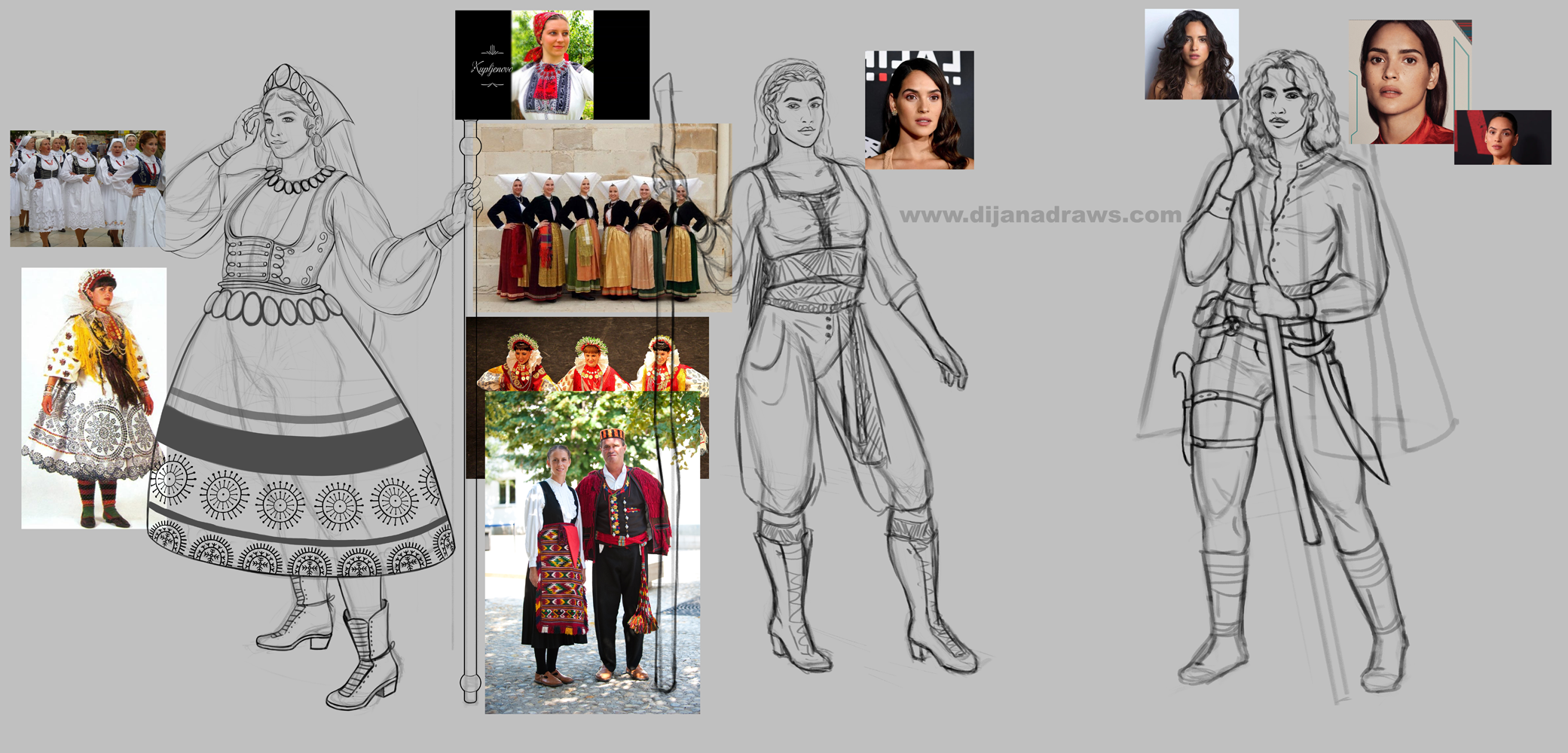 dijanadraws - aurelia concept art 01 The image depicts 3 concept designs of a character in a realistic style. All 3 concepts are for the same character, done in black lineart on a gray background. The concepts show a young woman in 3 different outfits, loosely based on traditional Croatian clothing styles and ornamental motifs that go back to late antiquity and early middle ages. The first concept has the woman in a more formal attire with an embroidered vest over a white shirt with very loose sleeves, and a calf-length wide skirt with geometric motifs running down the bottom. She's wearing low boots and is leaning on a staff. The middle version shows her in a more day to day style with high boots, wide-legged pants, scarves tied around her waist, a loose shirt and a sleeveless vest, leaning on a plain wooden staff. The 3rd version is the character in her adventuring outfit of tight pants, shirt, more rugged boots, and an assortment of tools and weapons.
