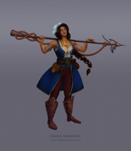 The image depicts a finalized character design in a semi-realistic style of a pirate captain character. It shows a slightly darker-skinned asian woman with very strong arms, standing confidently and slightly smirking and pointing at something/someone out of the frame. She is holding a massive harpoon on her shoulders. She's wearing leather boots with a decorative octopus detail, brown pants, a teal green scarf, white shirt, a dark blue coat with gold details, a belt with two leather bags attached, and a lot of gold jewelry. There is a coral headpiece on her head.