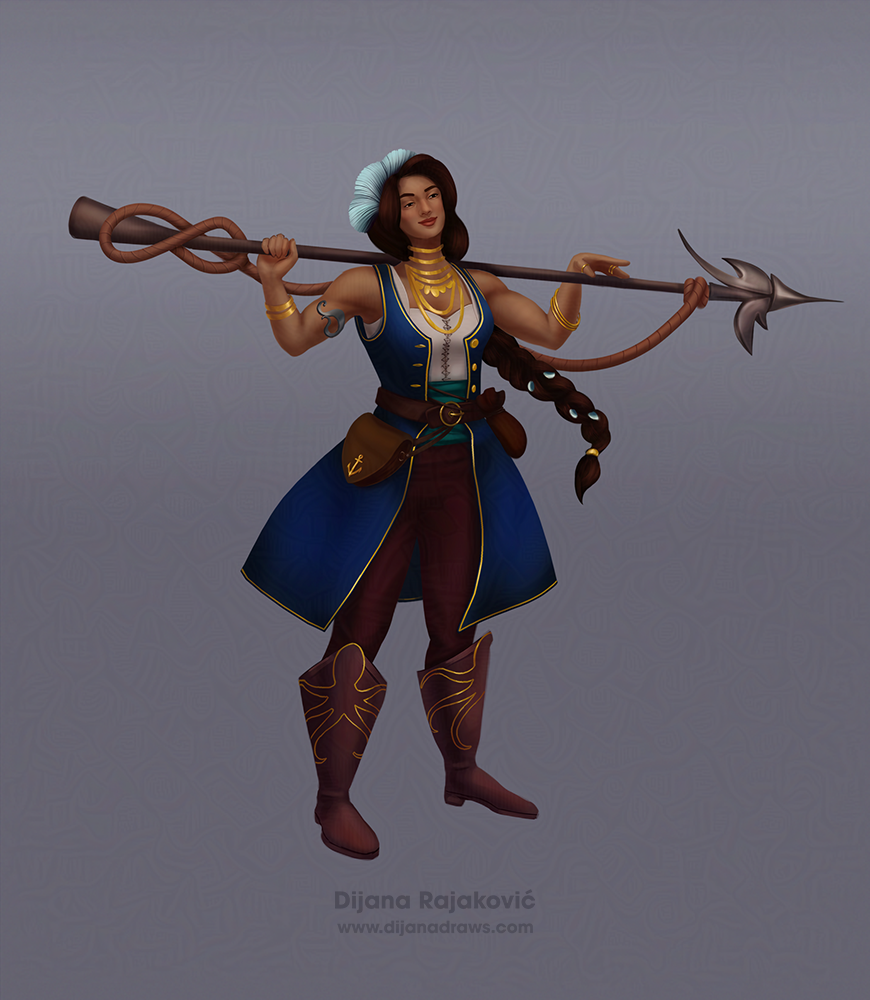 The image depicts a finalized character design in a semi-realistic style of a pirate captain character. It shows a slightly darker-skinned asian woman with very strong arms, standing confidently and slightly smirking and pointing at something/someone out of the frame. She is holding a massive harpoon on her shoulders. She's wearing leather boots with a decorative octopus detail, brown pants, a teal green scarf, white shirt, a dark blue coat with gold details, a belt with two leather bags attached, and a lot of gold jewelry. There is a coral headpiece on her head.