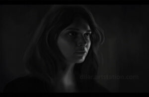 The Witcher, TV show fanart, portrait of Renfri The image depicts a grayscale portrait of the character Renfri, from the first season of the TV show "The Witcher". The face is rendered realistically, with a strong crisp focus on her eyes, while the hair and background are more loose and out of focus. The setting is in the interior and the character is lit by an out of frame candle putting the majority of her in the shadow.