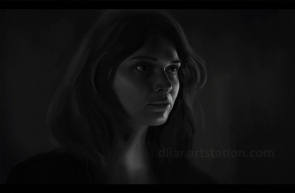 The Witcher, TV show fanart, portrait of Renfri The image depicts a grayscale portrait of the character Renfri, from the first season of the TV show "The Witcher". The face is rendered realistically, with a strong crisp focus on her eyes, while the hair and background are more loose and out of focus. The setting is in the interior and the character is lit by an out of frame candle putting the majority of her in the shadow.