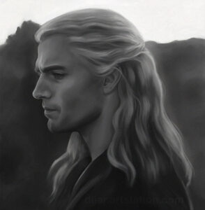 The Witcher, TV show fanart, portrait of Geralt The image depicts a realistic grayscale side profile painting of Henry Cavill in his role of Geralf of Rivia, from season one of the TV show "The Witcher". The portrait is set against an out-of-focus, almost abstract landscape. The brushwork on his skin is more detailed and soft, and more loose with the hair.
