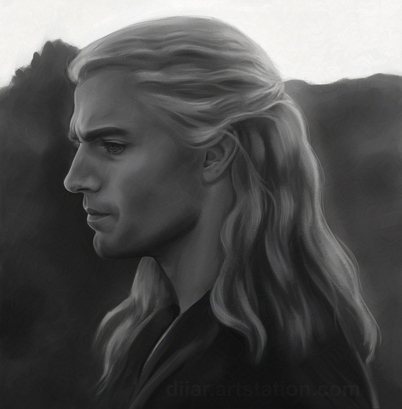 The Witcher, TV show fanart, portrait of Geralt The image depicts a realistic grayscale side profile painting of Henry Cavill in his role of Geralf of Rivia, from season one of the TV show "The Witcher". The portrait is set against an out-of-focus, almost abstract landscape. The brushwork on his skin is more detailed and soft, and more loose with the hair.