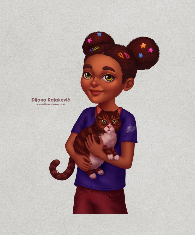 Space Girl - mobile game style illustration The image depicts a young black girl holding a cat, illustrated in a mobile game style. The girl has “space buns” (hairstyle) with star themed pins, and has a planet graphic on her dark blue t-shirt. The cat has a very grumpy expression, bright green eyes, and a fluffy white tummy and paws. (The cat is based on my cat, Azriel).