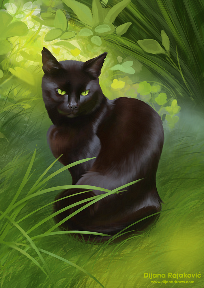 Jamie - Portrait of a friend’s cat A somewhat stylized digital illustration featuring a black cat sitting in tall green grass. The cat is shown from the side, with its head turned in the general direction of the photographer (a little to the side). There are green and brown reflections in his shiny fur, and he has piercing green eyes.