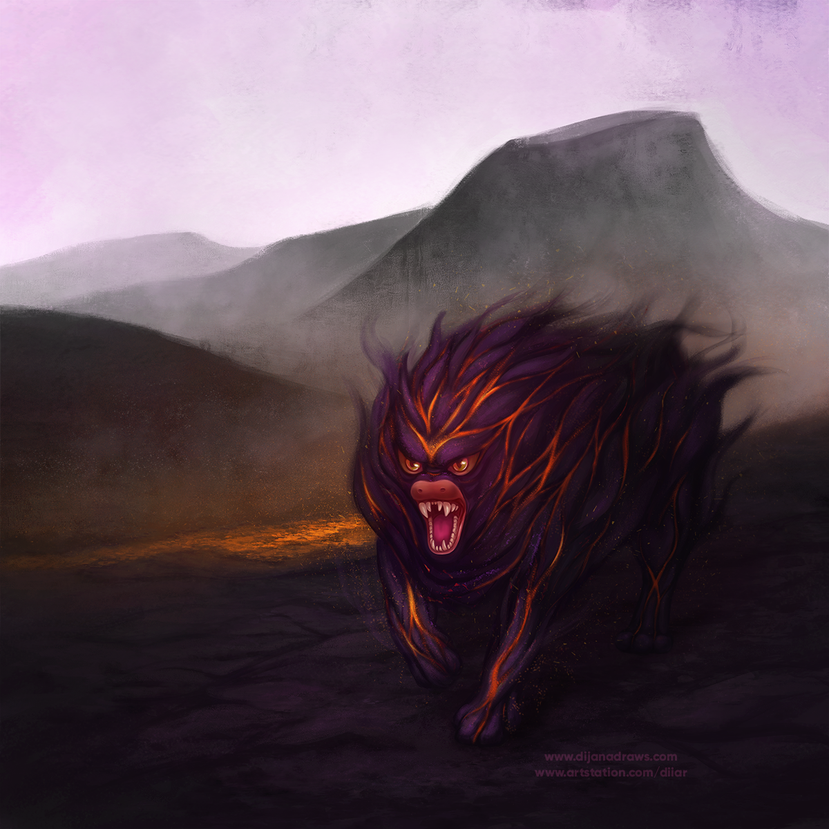 Ashes - illustration The illustration depicts a volcanic landscape with a lava monster. The sky is white with pink and purple tones, there are volcanic hills visible in the background and middle ground, as well as a subtle golden fiery lake or creek that separates the monster from the midground hills. The monster is in the foreground, looking out of the frame in an approaching menacing position. It's built similar to a big cat, but the surface is made from volcanic rock, smoke, and there are fiery veins visible in the cracks. The face of the monster was referenced from a bat, with a soft snout and big teeth. It's growling. Dominating colors in the foreground are dark purples with small pink highlights, echoed between the monster and the ground itself.