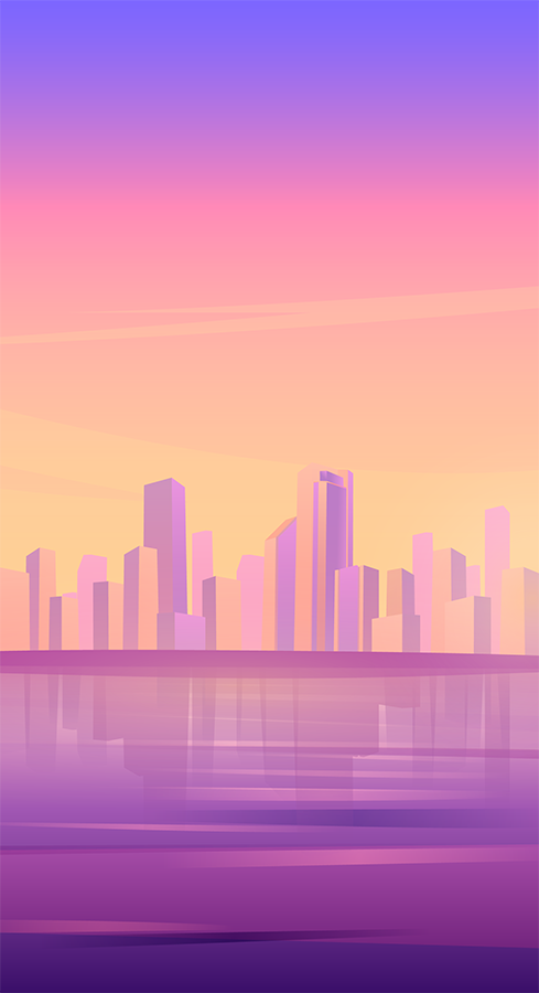 Motivation+ background image featuring a cityscape and seaside at sunset.