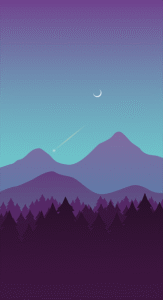 Motivation+ background image featuring a forest and mountains at dusk with a shooting star in the background.