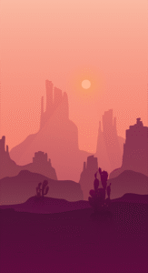 Motivation+ background image featuring a hazy rocky desert with cacti and ragged cliffs.