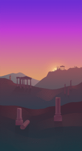 Motivation+ background image featuring ancient ruins on a hill at sunset.