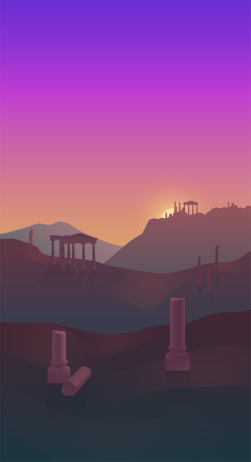 Motivation+ background image featuring ancient ruins on a hill at sunset.
